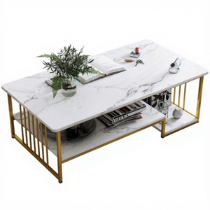 Modern White Marble Finish Coffee <b>Table</b> with <b>Gold</b> Metal Frame and Storage Shelf Rectangular Living Room Center <b>Table</b> - Product Image 5