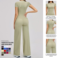 Ensemble de yoga 2 pièces uni pour femme : haut ajusté à manches courtes et pantalon de détente taille haute à jambes larges, écologique, avec logo personnalisé, pour le sport et la gym