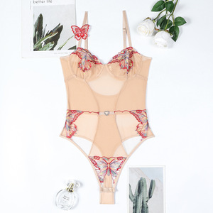 Body de Control Ligero Transpirable Ecológico con Lazo y Aplique de Bordado 3D de Mariposa Roja Exclusivo Deep <span class=keywords><strong>Love</strong></span>, Color Albaricoque Beige - Product Image 4