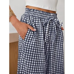 FOXA Womens Gingham Palazzo Capri Pants <b>Wide</b> <b>Leg</b> Cotton Pajama <b>Trousers</b> With Pockets Breathable <b>Crop</b> PJ Bottoms - Product Image 3