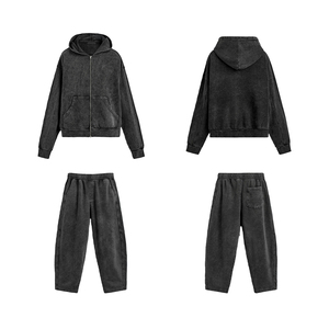 KingSen Street Style Warm Hoodie <b>Set</b> Acid washed 2 Piece Tracksuit Comfortable 2 Way Zip Up Hoodie With Pants Stone Wash - Product Image 5