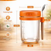 Pot en verre réutilisable de 380 ml pour overnight oats avec couvercle et cuillère, pot à yaourt, pot Mason, récipient de stockage alimentaire pour petit-déjeuner et dessert