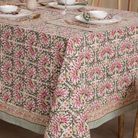 Nappe rectangulaire en coton imprimé botanique rose avec bordure florale pour la décoration de la maison