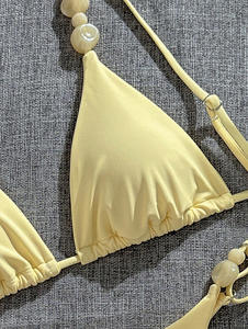 Conjunto de Bikini Sexy con Tanga para Mujer RUIQUWIN, Color Sólido, con Cuentas y Cordón Ajustable, Ecológico, con Logotipo Frontal, Traje de Baño para Playa, Piscina y Vacaciones - Product Image 4