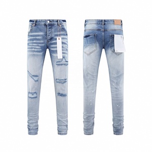 Jeans <span class=keywords><strong>Slim</strong></span> Vintage Strappati di Alta Qualità per Uomo, Pantaloni Blu da Uomo, Jeans in Denim Effetto Vissuto - Product Image 2