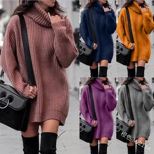 Winter Nieuwe Vrouwen Coltrui Lange Trui Jurk Hoge Kraag Plain Lange Mouwen Losse Plus Size Trui Dames