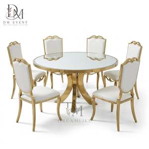 Table de salle à manger ronde de mariage personnalisée en acier inoxydable doré avec pieds arqués et plateau en verre trempé miroir - Product Image 2