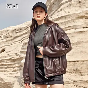 Luxury Fashion Maillard 2024 Autumn Custom Outdoor Casual Leather Coat Hooded Women's Leather Jacket Ladies Winter Jackets