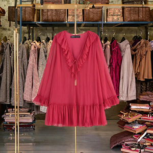 Mini abito Casual Casual da donna <span class=keywords><strong>con</strong></span> collo a V a maniche lunghe <span class=keywords><strong>con</strong></span> pizzo <span class=keywords><strong>con</strong></span> volant in pizzo in stile naturale-per feste estive - Product Image 4