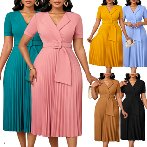 Abito Estivo Trendy <span class=keywords><strong>da</strong></span> <span class=keywords><strong>Donna</strong></span>, Casual con Scollo a V, Tinta Unita, Plissettato, Elegante per l'<span class=keywords><strong>Ufficio</strong></span>, Vestiti Africani per <span class=keywords><strong>Donna</strong></span> - Product Image 1