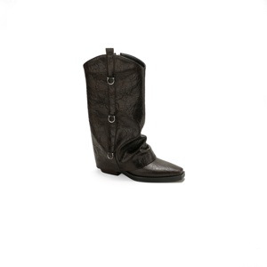 Bottes à bout carré pliables style streetwear, bottes western rétro en cuir craquelé, chaussures hautes au genou avec anneau en D audacieuses - Product Image 5