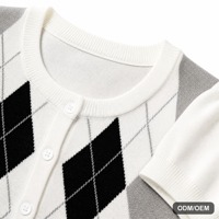 Cardigan décontracté respirant en maille Argyle pour femme, blanc, noir, gris, à manches courtes, boutonné, court, tricoté, été, personnalisable OEM