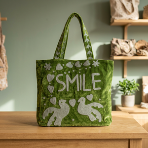 กระเป๋าโท้ทกำมะหยี่สีเขียวสั่งทำขายส่ง พร้อมลายปักอักษร SMILE สีเงิน รูปหัวนกพิราบ หัวใจ และลายดอกไม้ - Product Image 6