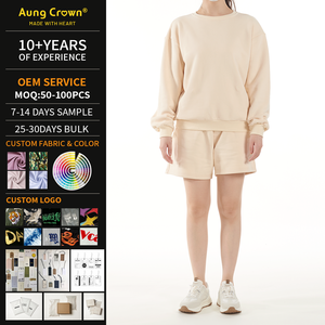 Ensemble court col rond <span class=keywords><strong>beige</strong></span> crème personnalisé OEM 100 % coton pour <span class=keywords><strong>femme</strong></span>, ensemble de survêtement uni 2 pièces essentiel pour l'été - Product Image 1