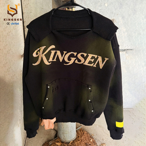 Sweat à capuche streetwear personnalisé 100% coton, délavé à l'acide, style Y2K, coupe ample, effet vieilli, broderie et strass - Product Image 4