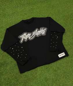 T-shirts unisexes à manches doubles, effet délavé, avec strass et broderie vieillie, en gros - Product Image 3