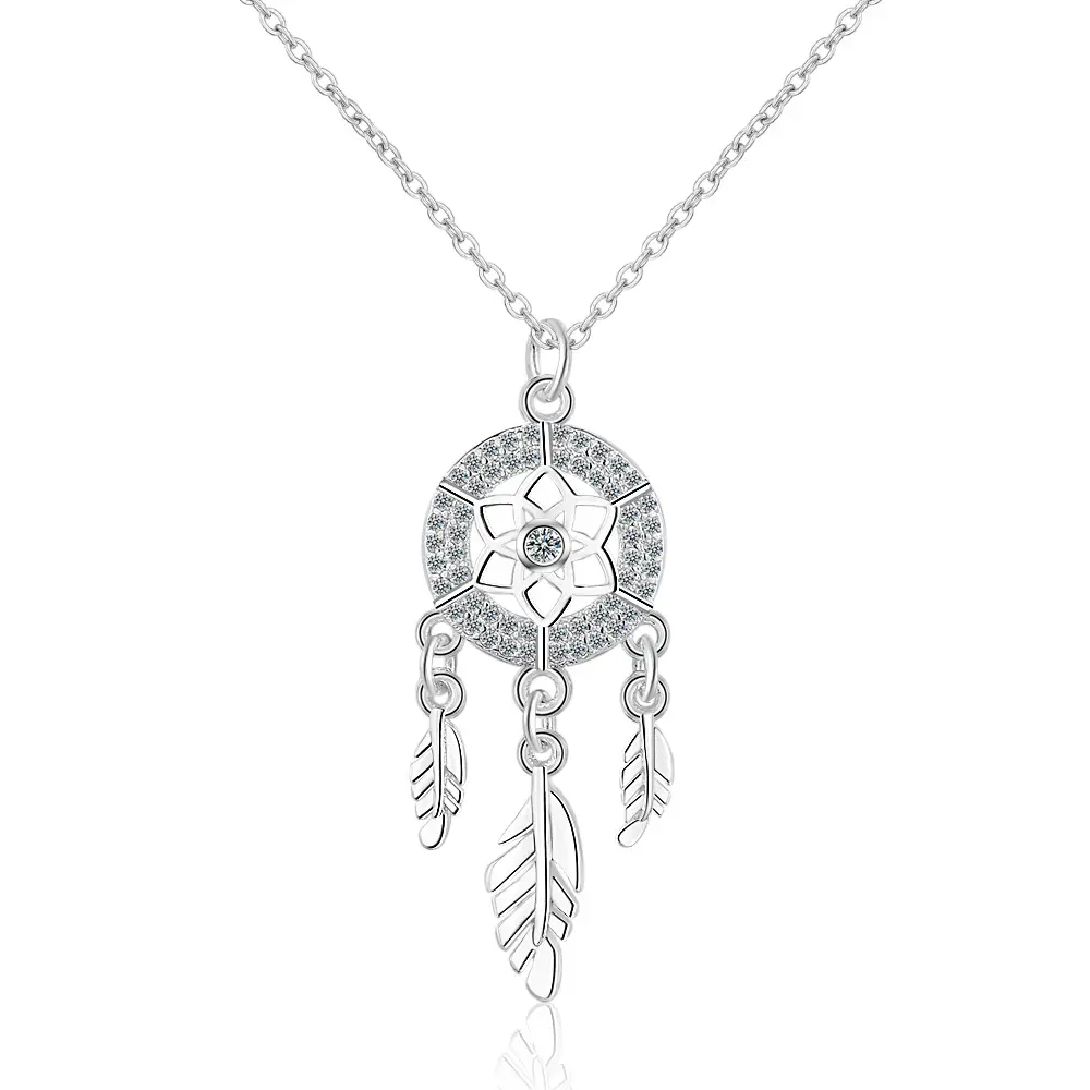 925 Sterling Silver Feather Charm Necklace Pendant Silver Dream Catcher Pendant Statement Choker Necklace