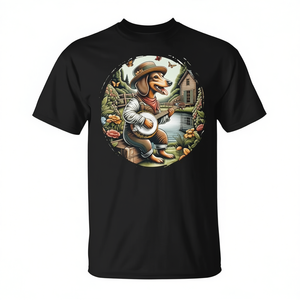 T-shirt charmant style Cottagecore avec motif de Dachshund et banjo, et scène de jardin rustique, pour les amateurs de musique et les passionnés de chiens - Product Image 2