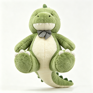 Peluche de dinosaure verte personnalisée - T-Rex en peluche doux et moelleux avec nœud à carreaux, adorable jouet dinosaure pour enfants et crèches - Product Image 3