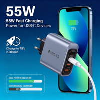 Chargeur mural USB 4 ports 55W, adaptateur secteur à charge rapide PD+QC, prise EU/US, bloc de charge multi-ports pour smartphones et tablettes