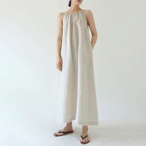 Falda holgada de lino sin mangas para mujer, Vestido largo de maternidad de una pieza, 10%