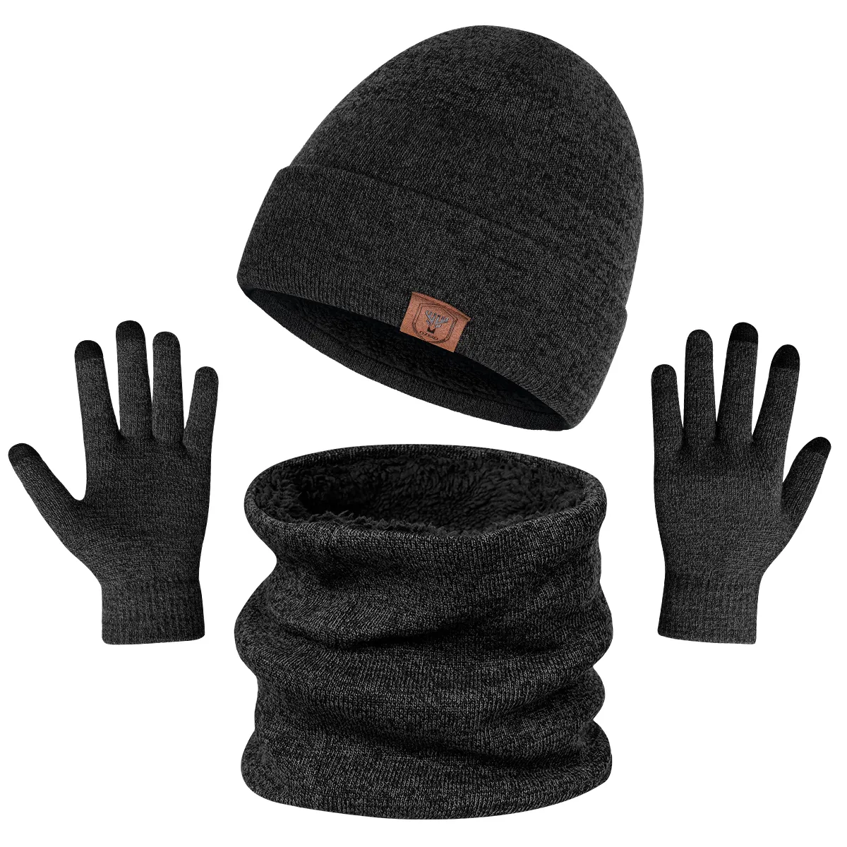Odero grosir hangat musim dingin tebal Beanie rajutan dan syal untuk pria topi rajut dan sarung tangan set