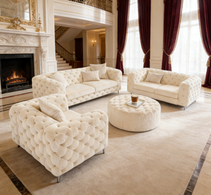 Ensemble de canapé en bouclette crème moelleux et doux - Canapé de salon capitonné avec fauteuil et pouf pour la décoration de la maison et de l'appartement - Product Image 3