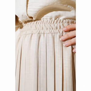 Jupe plissée taille élastique beige longue respirante Style enveloppant décoration pailletée en cuir Spandex nylon soie teinte unie - Product Image 1