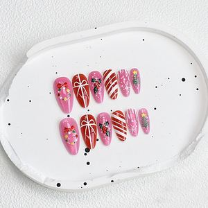 Uñas postizas navideñas color magenta, diseño de ojo de gato, flor, campana, lazo, árbol de Navidad, uñas postizas removibles, manicura festiva para fiestas - Product Image 3