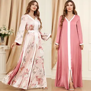 Wholesale Abaya Dubai Flower Printed Long Dress Kaftan Pakistan Islam Clothing Muslim Hijab Abaya for Women 2 Pieces Set