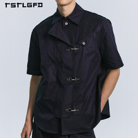 Kemeja Jaket Pria Gaya Punk Gothic Kerah Lipat Kancing Logam Lengan Pendek Longgar