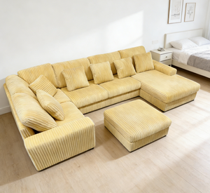 <span class=keywords><strong>Canapé</strong></span> d'angle en velours côtelé - <span class=keywords><strong>Canapé</strong></span> d'angle inclinable en forme de L avec pouf pour se détendre dans le salon, meubles de loisirs - Product Image 2