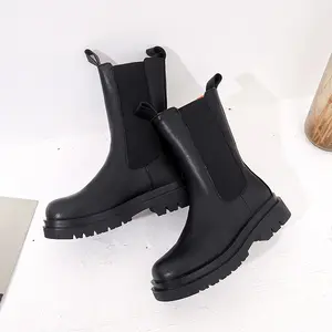 2021 New Cow Echt lederstiefel Damenmode Schwarz Chelsea Platform Boot