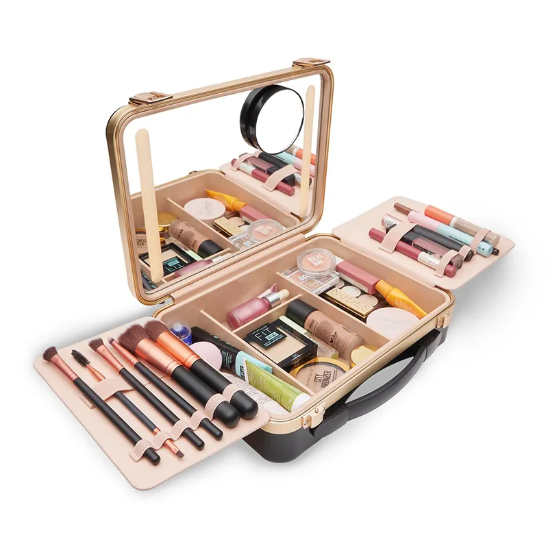 Menyala perjalanan kasus Makeup dengan cermin Portable Makeup Organizer dan kereta kasus kecantikan