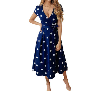 เดรสลำลองผู้หญิงสไตล์ยุโรปอเมริกันสำหรับฤดูใบไม้ผลิและฤดูร้อน ลายจุดยาวผูกเอว แต่งลูกไม้ - Product Image 3
