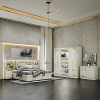 DAVINI Ensemble de meubles de chambre à coucher moderne en MDF/bois avec miroir, tête de lit éclairée, rangement intégré, lit réglable de 1,8 m, finition beige brillant