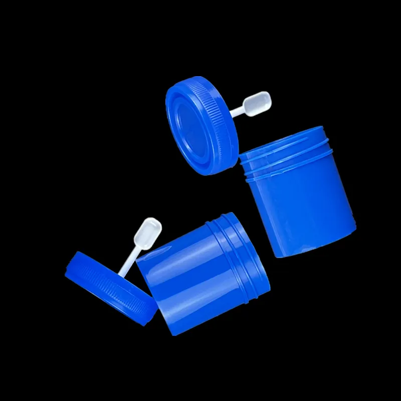 थोक डिस्पोजेबल प्लास्टिक थूक मल कंटेनर 40 मिलीलीटर स्क्रू कैप पूर्ण नीला अपारदर्शी मल संग्रह कंटेनर