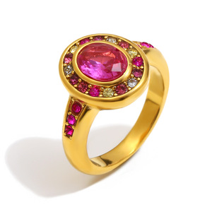 Women's 18K Gold Plated Cocktail <b>Ring</b> With Natural Oval Ruby Bezel Setting And Pink Gemstones Glam Engagement <b>Statement</b> <b>Ring</b> - Product Image 1