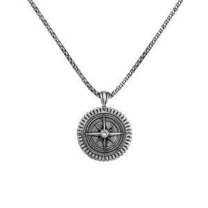 Manufacturer high quality oxidized silver vintage engraved compass custom mens sterling silver pendants