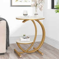 Table d'appoint en bois à deux niveaux en forme de C avec plateau en faux marbre et pieds en acier inoxydable, table ronde à vendre