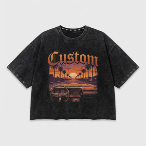 Wholesale T-shirt Custom 300GSM Heavyweight Cotton Vintage <b>Wash</b> Oversized Cropped Boxy Rhinestone Logo Tee Streetwear Men T Shir - Product Image 2