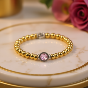 Bracciale di perline in oro placcato con pietra rosa in acciaio inox con accessori in acciaio inox Stainess alla moda - Product Image 2