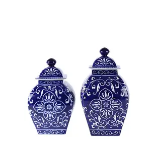 Jingdezhen style rétro traditionnel lumière luxe antique bleu et blanc peint à la main pots en céramique décoration de la maison avec des fissures de glace