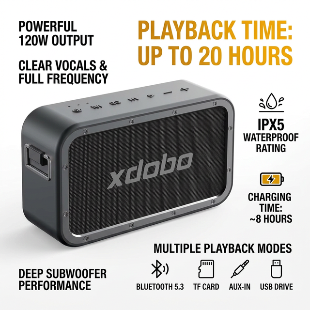 XDOBO 120W Portable Outdoor Party Subwoofer Speaker 1983 MAX with for and IPX-5 Waterproof for Home Use