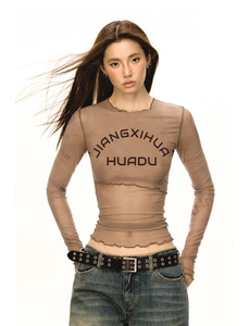 T-shirt a maniche lunghe con Logo personalizzato in rete <span class=keywords><strong>trasparente</strong></span> con stampa a sublimazione Dtg t-shirt da donna - Product Image 1