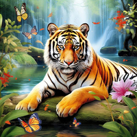 Peinture murale de tigre en forme de cascade faite à la main 40*40cm peinture diamantée ronde 5D acrylique moderne peinture diamantée pour la décoration de la maison