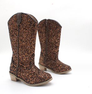 Bottes de cowboy et cowgirl en cuir à talon en bois en gros, chaussures à paillettes pour enfants en gros pour filles - Product Image 5