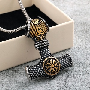 Pendentif vintage en acier inoxydable pour hommes et femmes, marteau de Thor <span class=keywords><strong>Viking</strong></span> 3D, collier avec chaîne en bambou - Product Image 3
