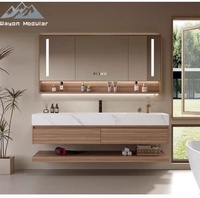 Meuble-lavabo double vasque de luxe avec plateau en pierre frittée certifié CE et corps en bois massif imperméable de qualité E1