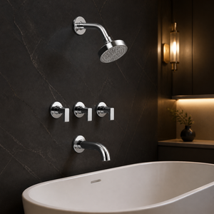 Ensemble de robinetterie de salle de bain chromé à montage mural, avec pommeau de <span class=keywords><strong>douche</strong></span> effet pluie, trois poignées, bec de baignoire et système de mitigeur poli - Product Image 4